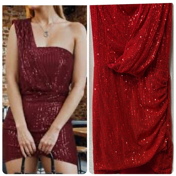 SHEIN Dresses & Skirts - Shein Red Sequin One Shoulder Ruched Bodycon Mini Dress size L
